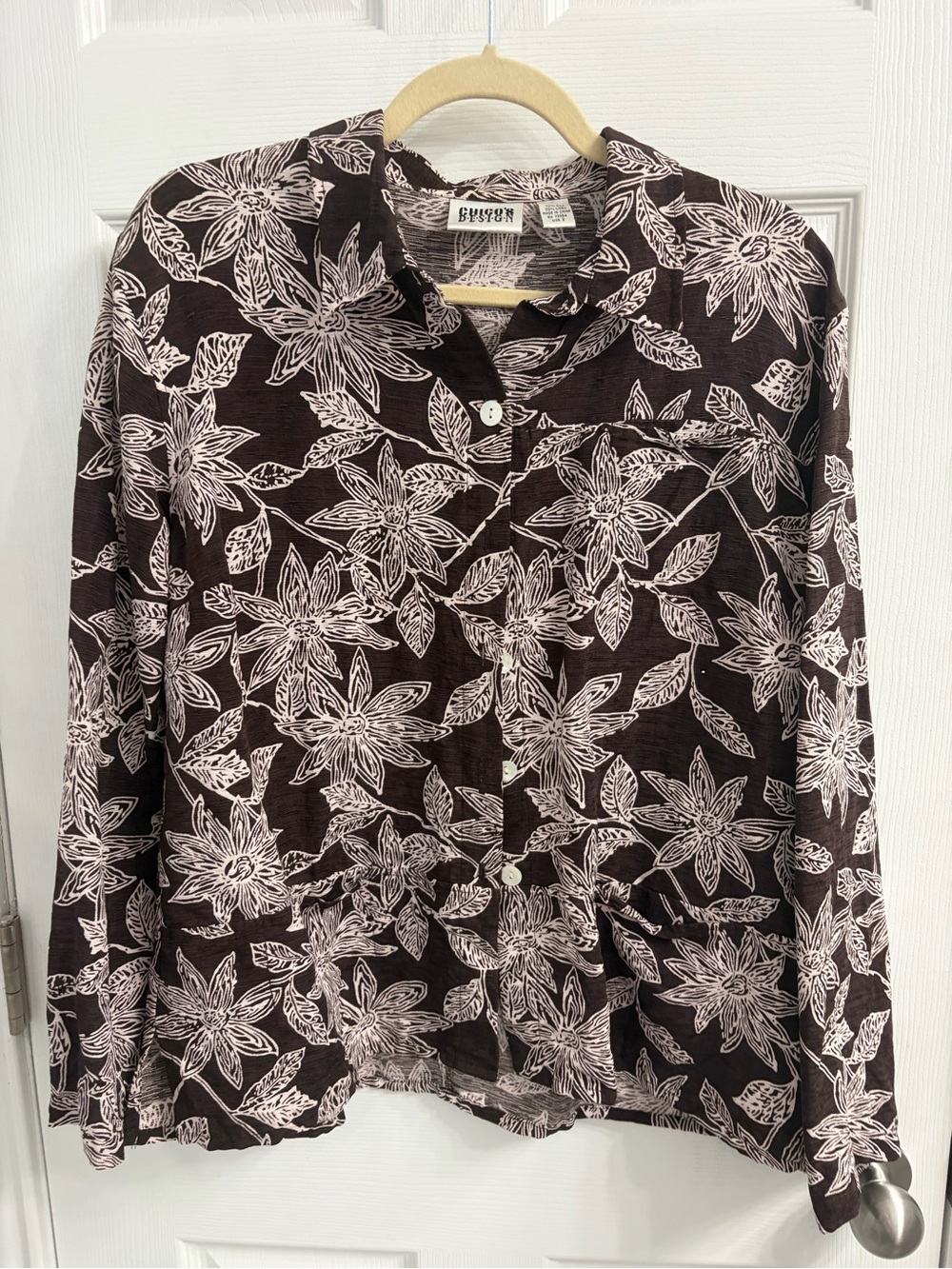 Chico's Brown Silk/Linen Blend Button-Down with Cream Floral Design